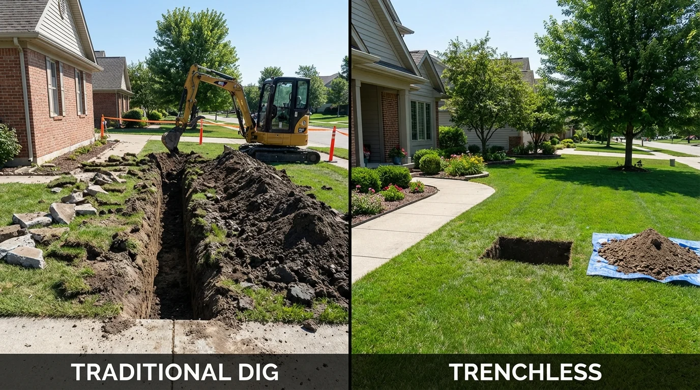 Trenchless sewer repair with minimal yard damage versus traditional excavation in Brooklyn, MI